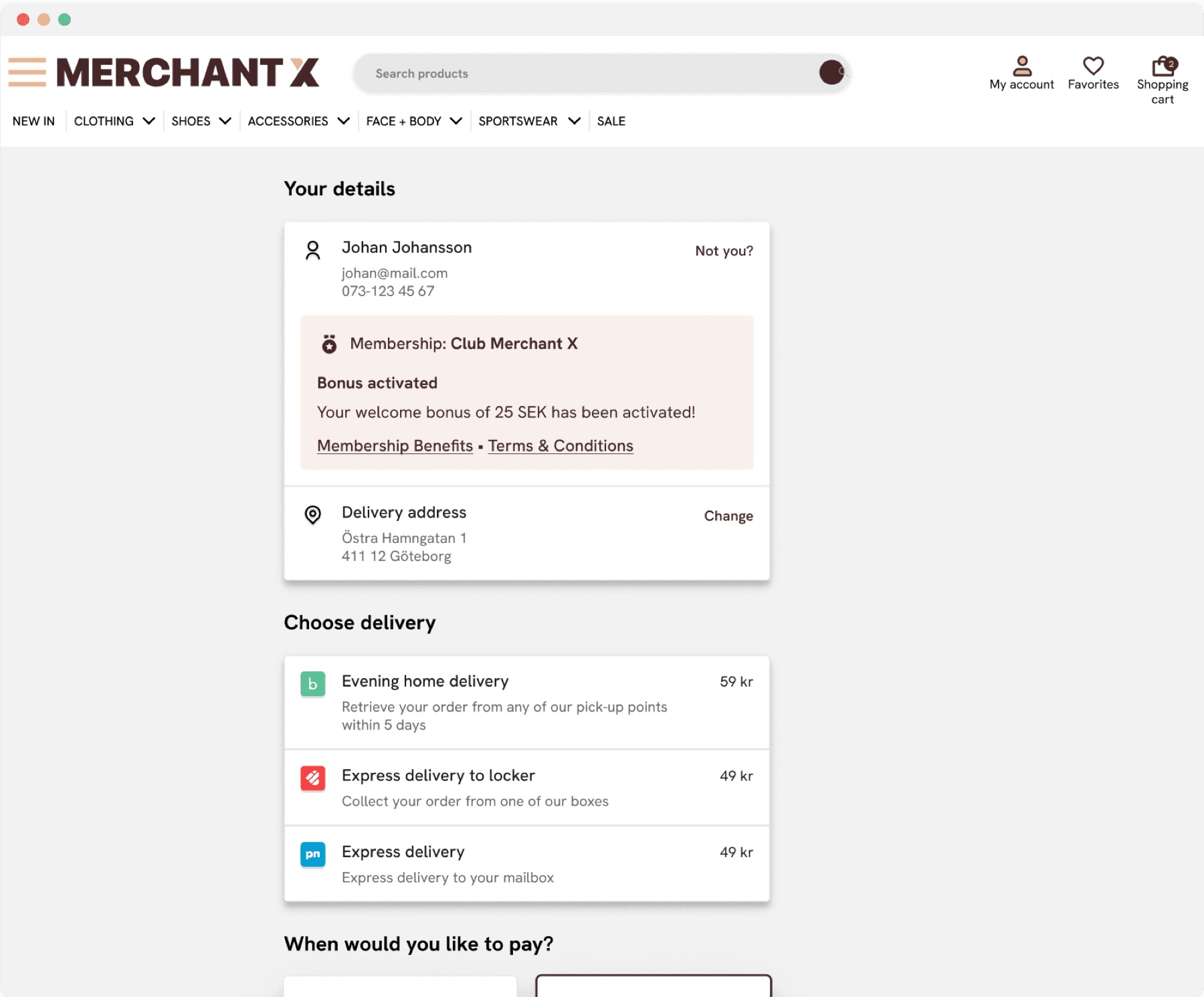 Merchant X desktop checkout: customer details with an activated Club Merchant X membership bonus, delivery options, and payment timing.