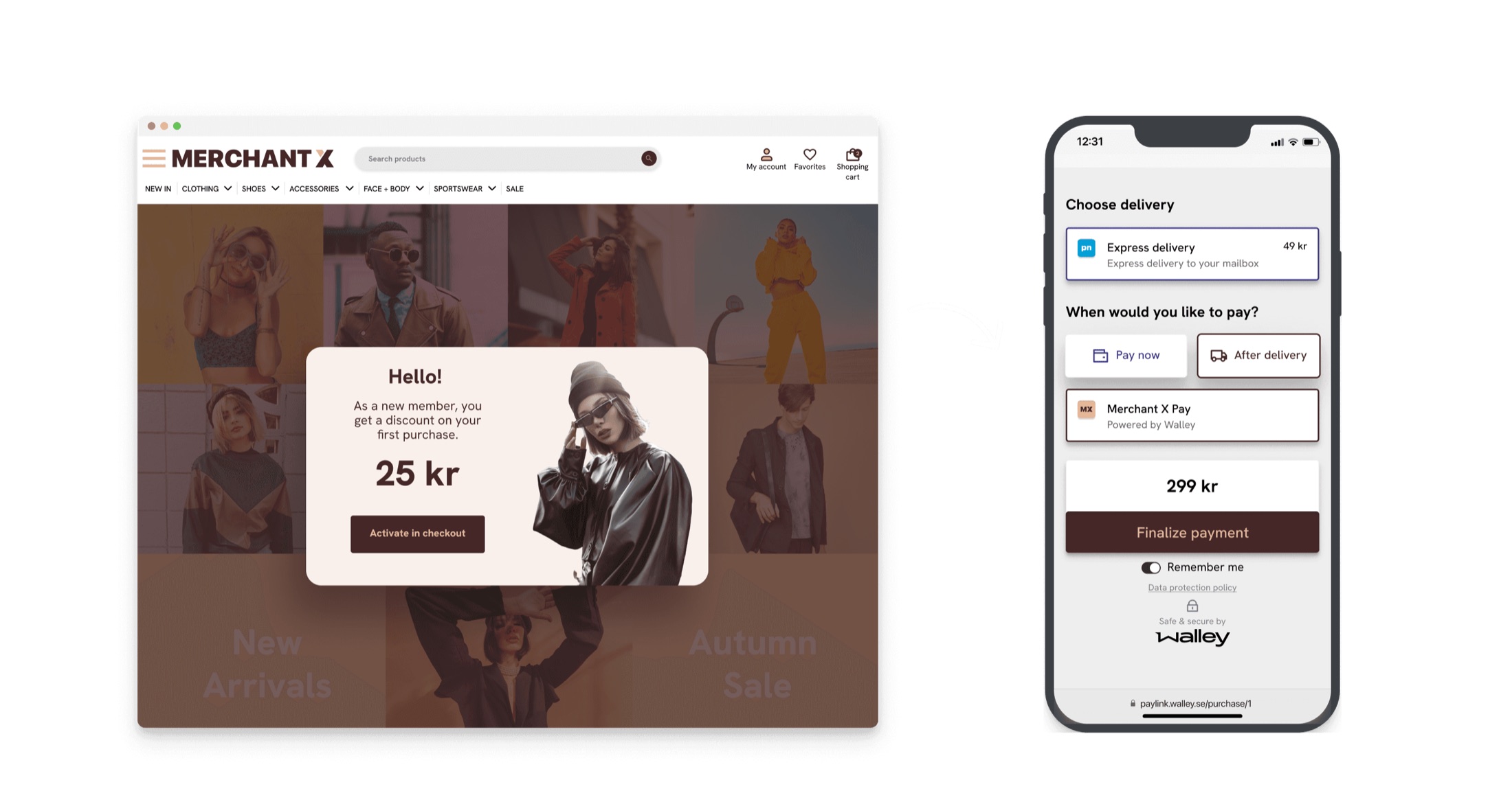 Merchant X, a fictional fashion retailer, shown as a desktop storefront next to a branded mobile checkout powered by Walley.