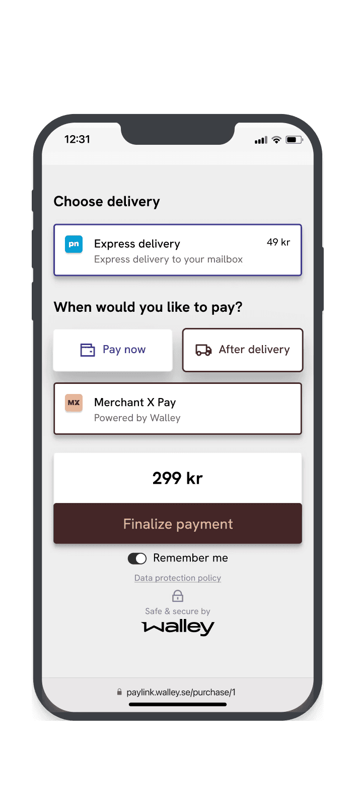 Merchant X mobile checkout: express delivery, Pay now versus After delivery, Merchant X Pay powered by Walley, and a Finalize payment button in the brand's dark brown.