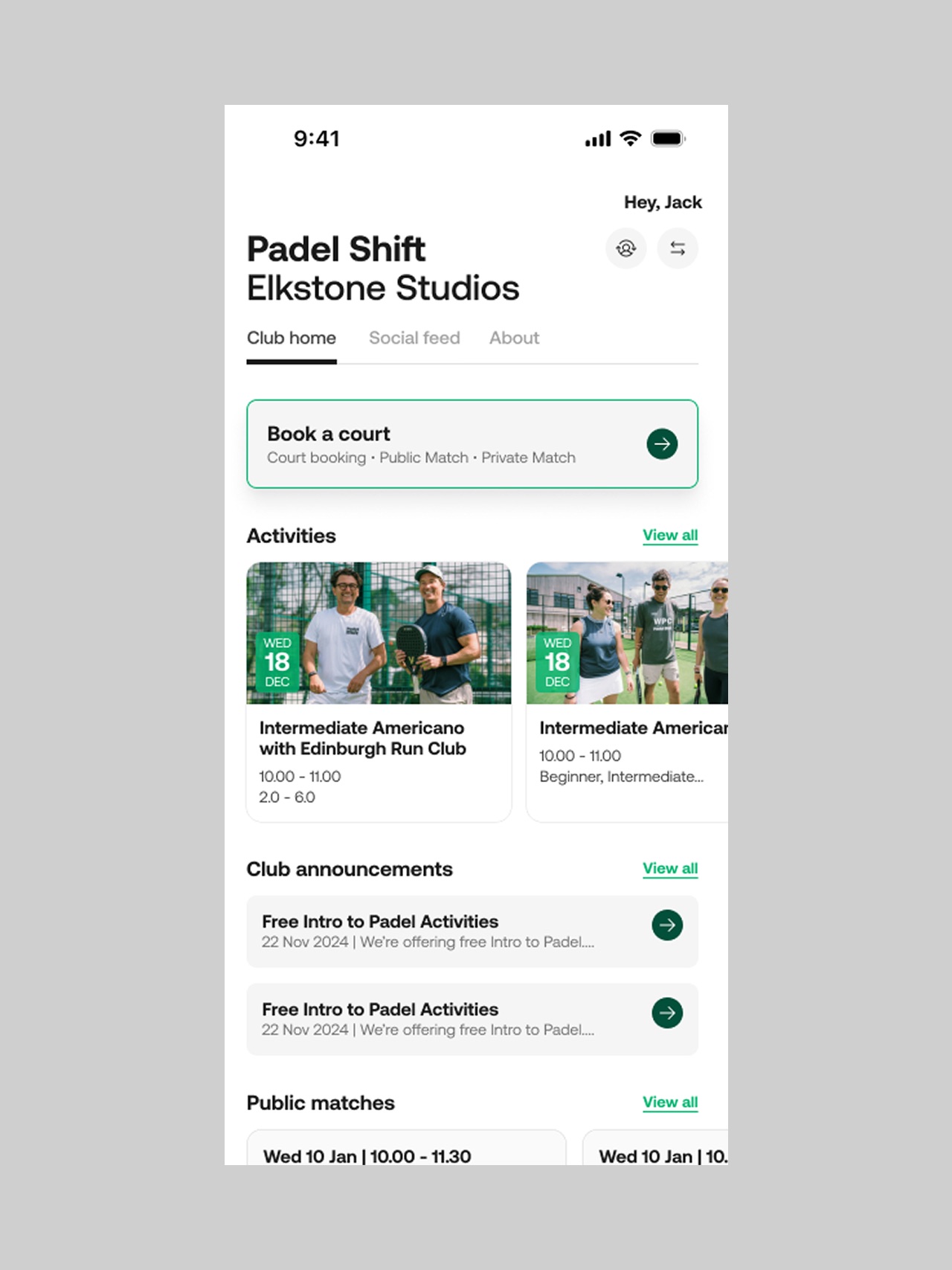 Club home: a Book a court panel, then a row of activities, club announcements, and the start of the public matches list.