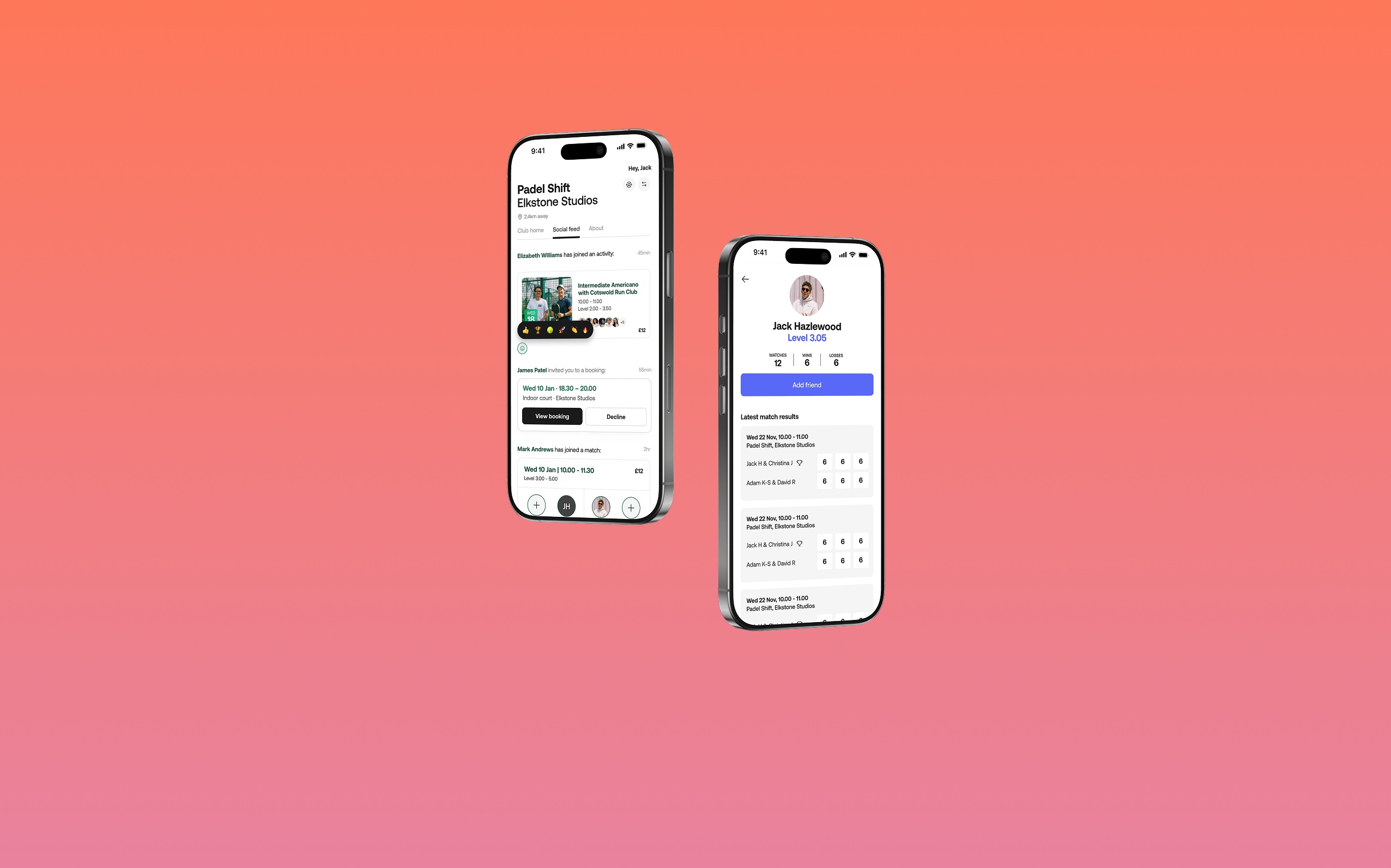 Two phone screens from a club's Nettla app on a coral background: a social feed of player activity, and a player profile with an Add friend button.