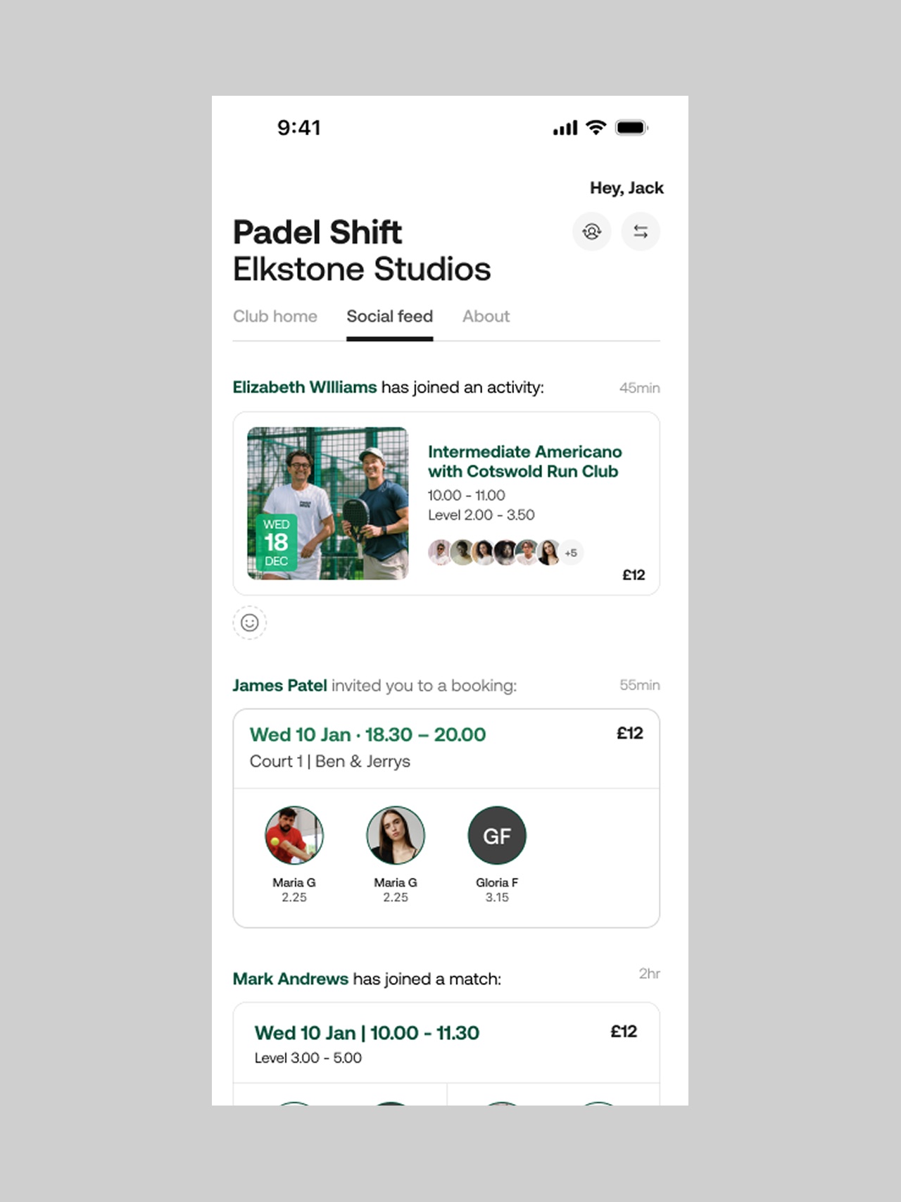 The Social feed for a club: a friend joining an Americano activity, a booking invitation showing the court, time, price and the three players on it, and a friend joining a match.