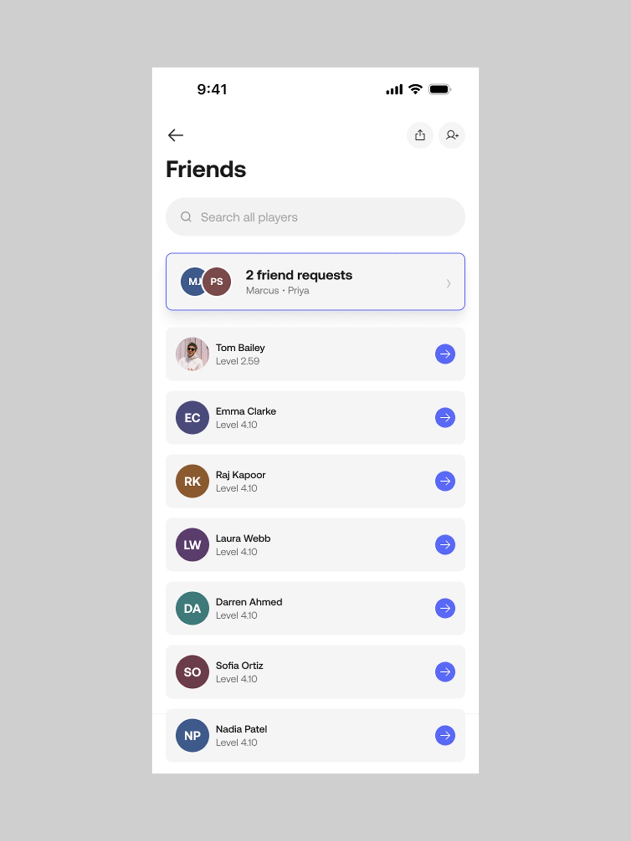 The Friends screen: a search field for all players, a highlighted panel showing two pending friend requests, and a list of friends with their playing levels.