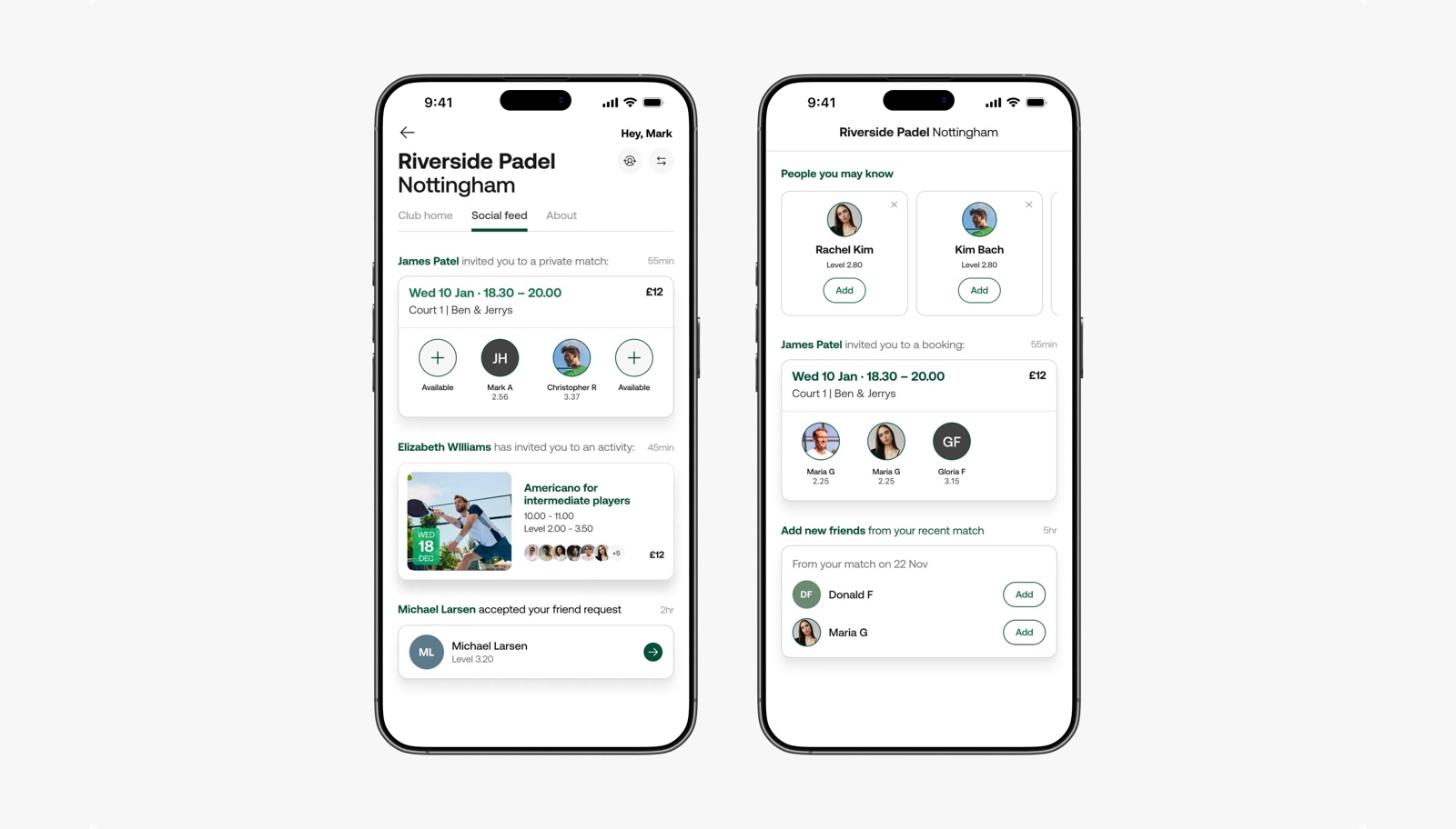 Two phone screens showing the social feed: friends joining activities and bookings, with emoji reactions on each moment.