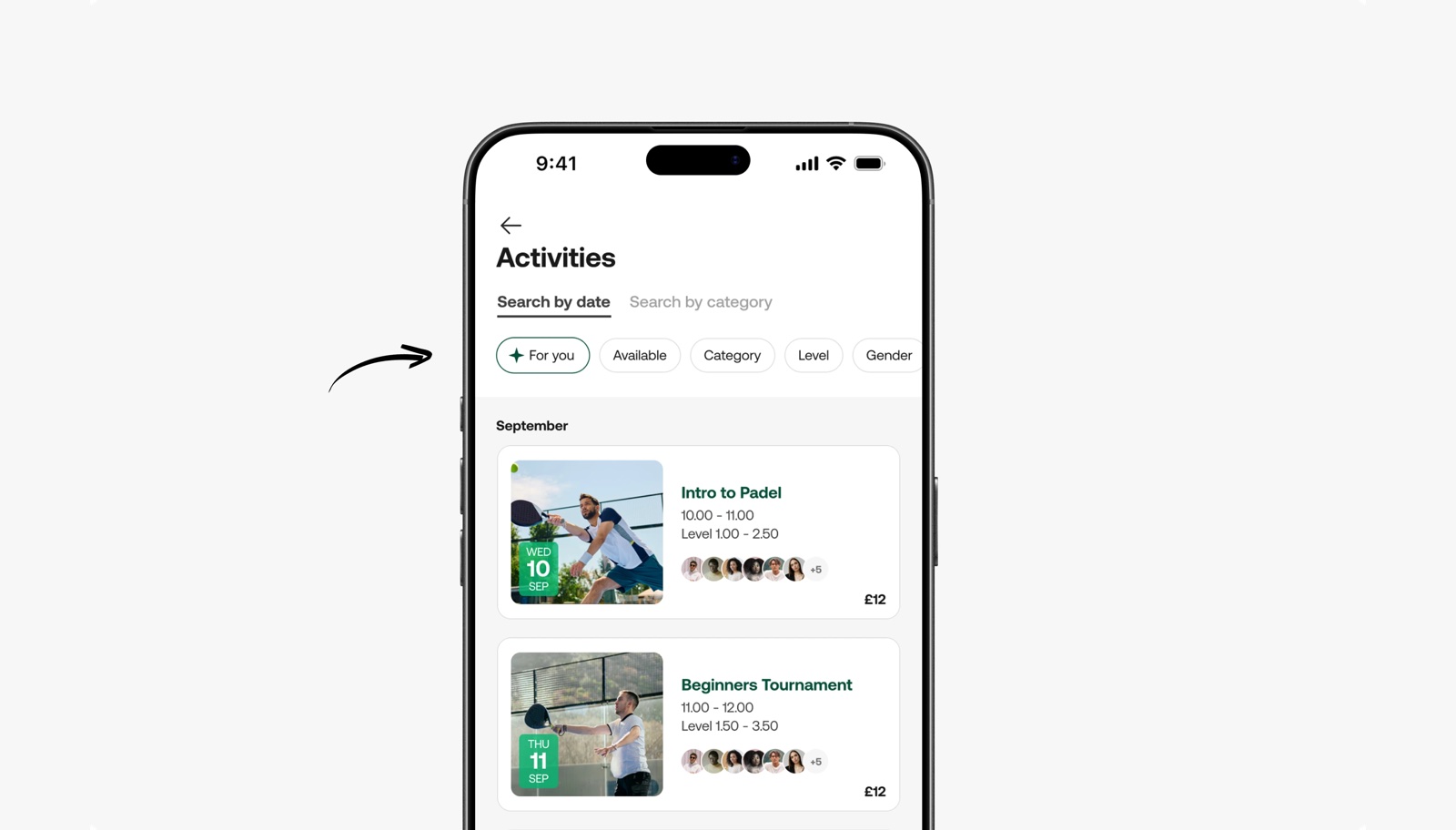 Two phone screens showing the activities feed with a For you filter applied, narrowing a long list to the sessions that match the player.