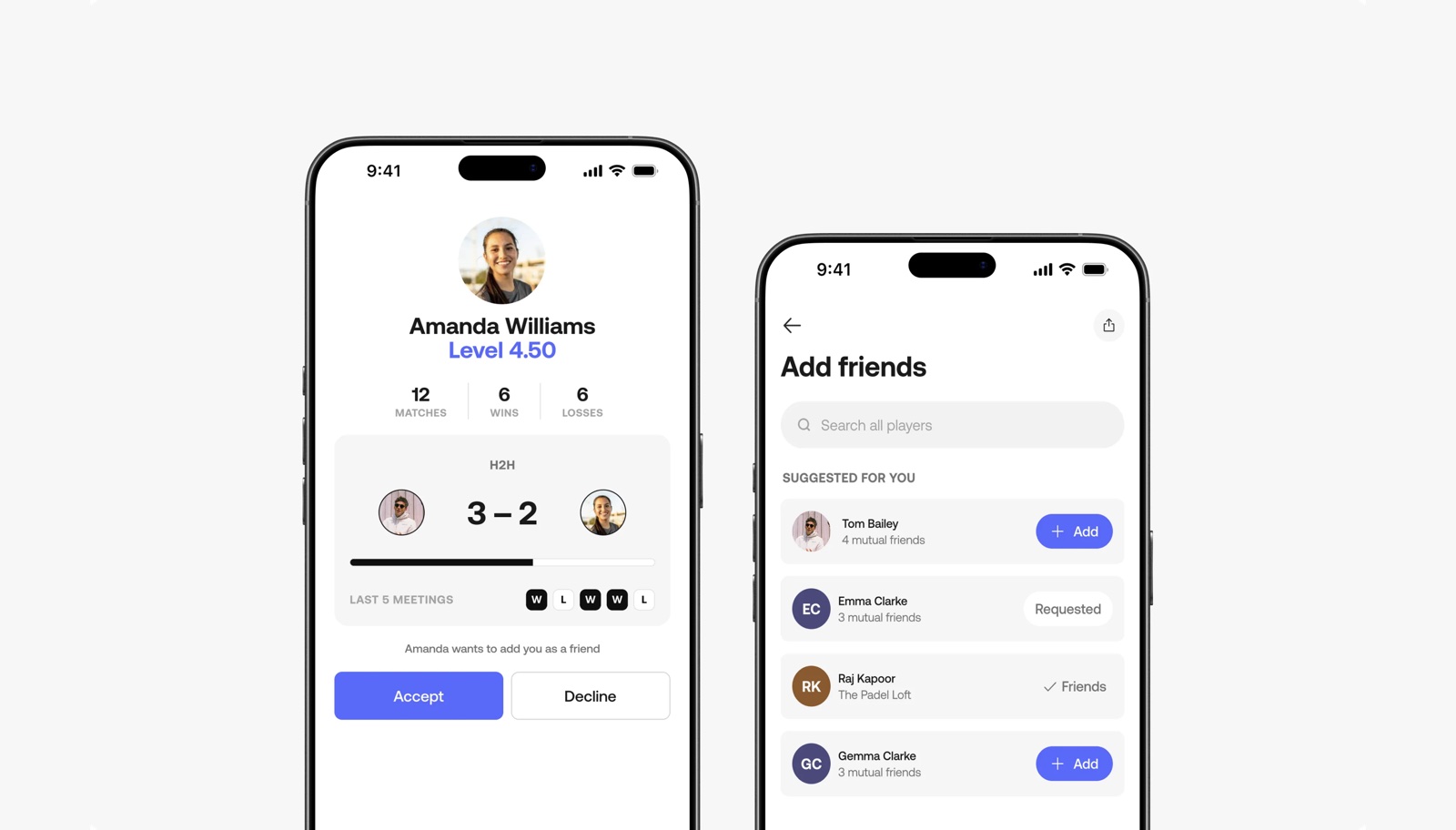 Two phone screens: a player profile showing a head-to-head record of 3–2 with the last five meetings, and an Add friends screen with suggested players and mutual friends.