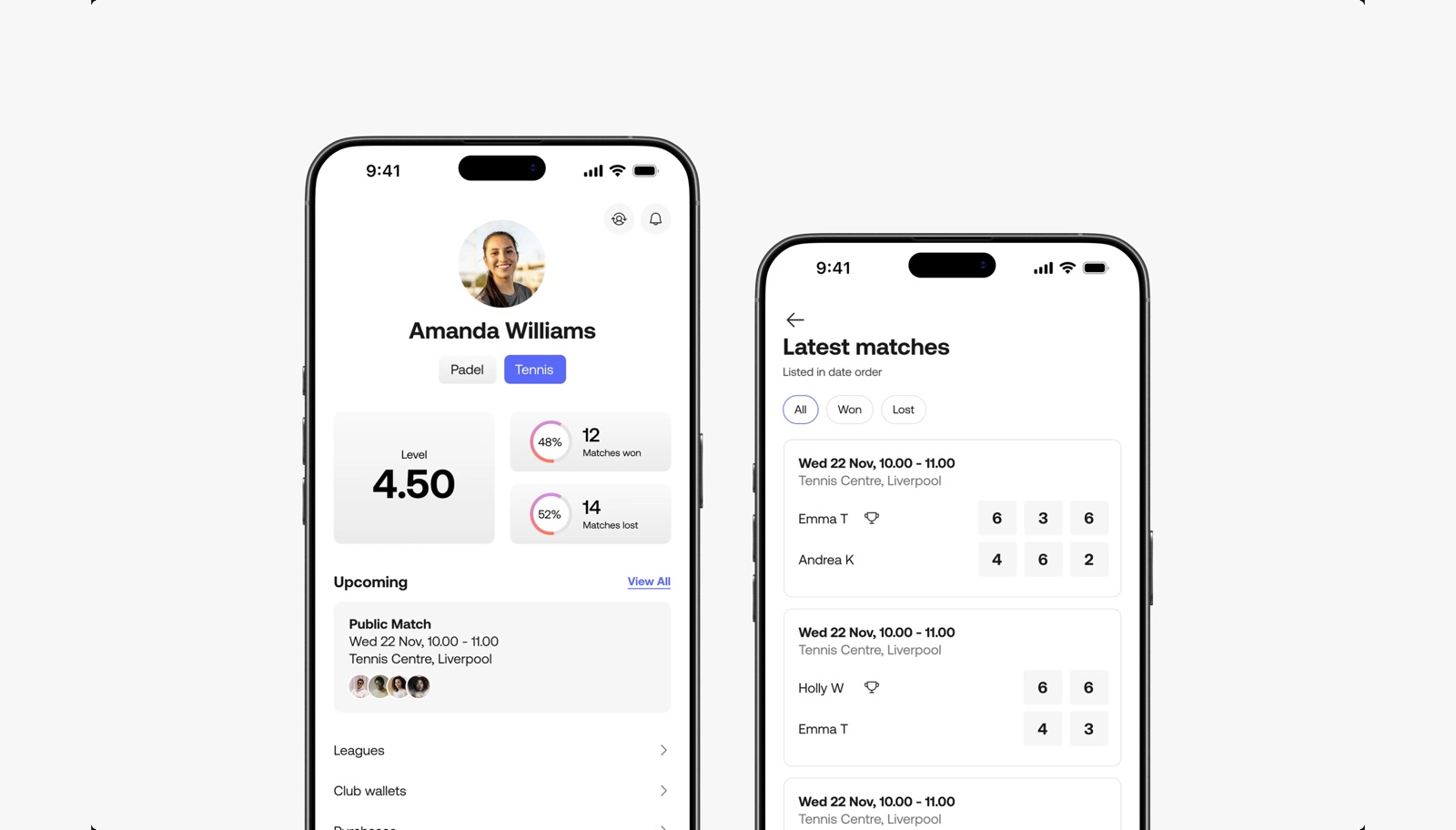 Two phone screens: a player profile with a Padel and Tennis toggle showing a tennis level of 4.50, and a Latest matches list with set scores.