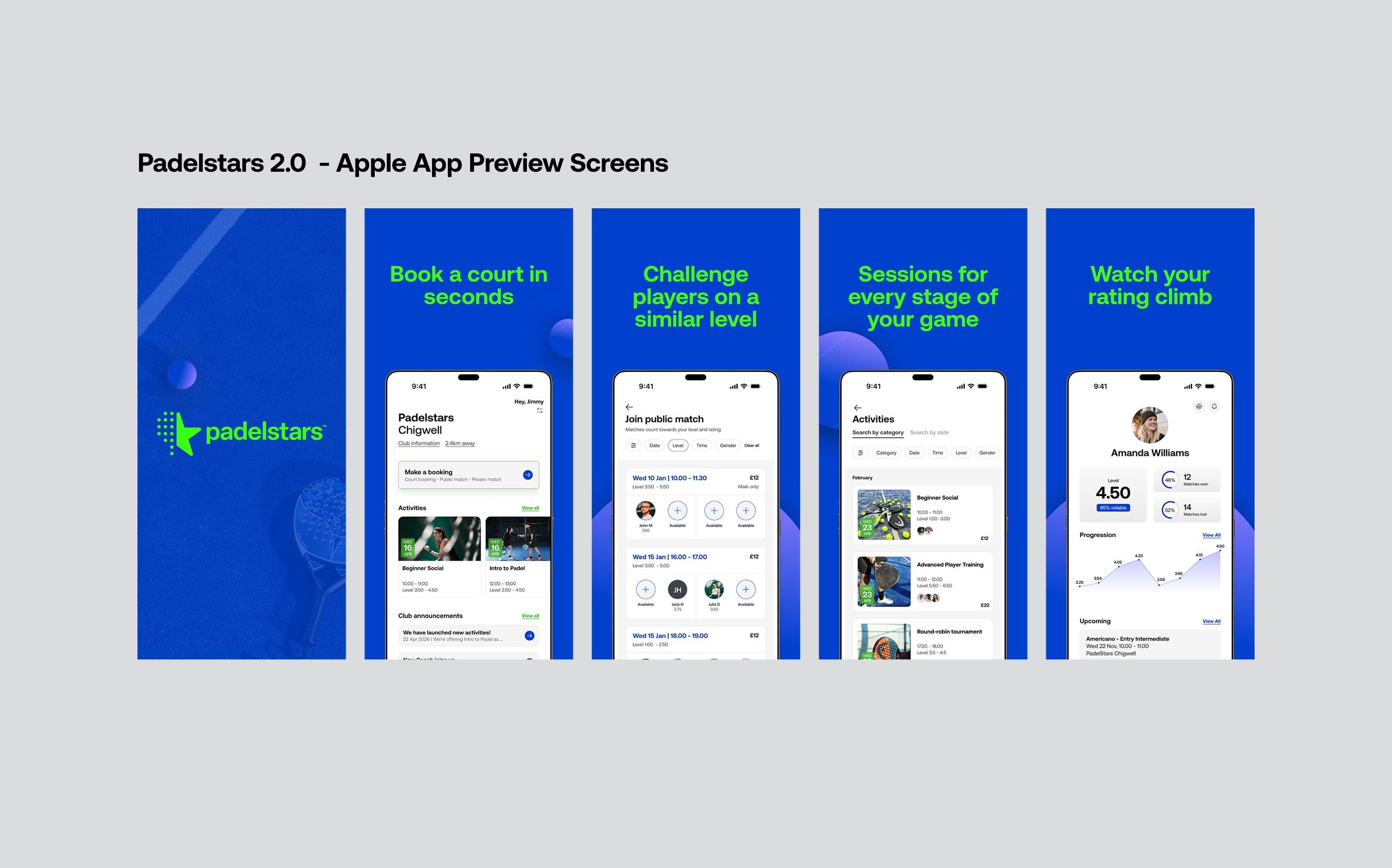 The five Apple App Store preview screens for Padelstars 2.0 in a row: a branded title card, then Book a court in seconds, Challenge players on a similar level, Sessions for every stage of your game, and Watch your rating climb.