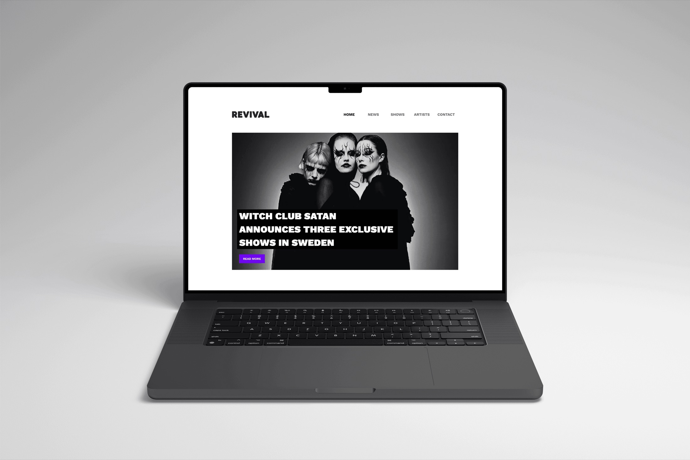Revival Booking website on a laptop: a black-and-white photo of the band Witch Club Satan under a bold headline announcing three shows in Sweden.