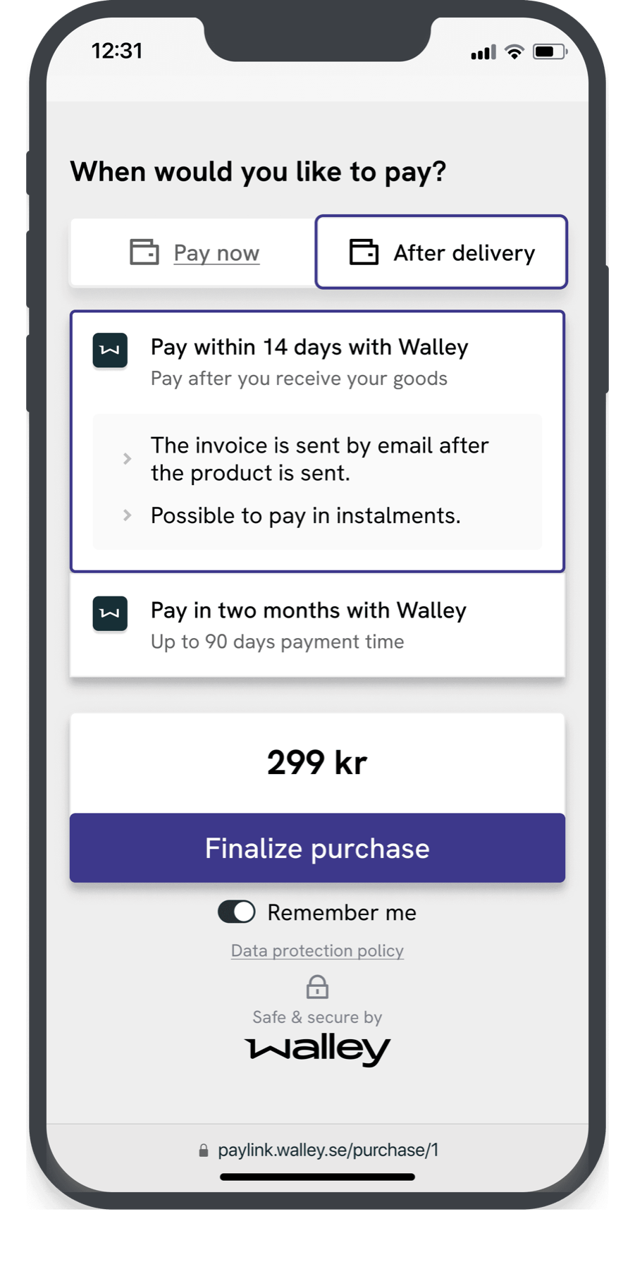 Walley checkout on a phone with 'After delivery' selected: pay within 14 days or in two months, and a Finalize purchase button.