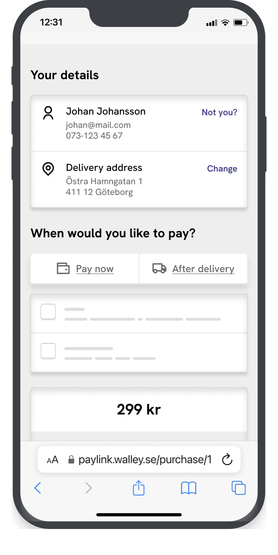 Walley checkout on a phone: 'Your details' with name and delivery address, then 'When would you like to pay?' with Pay now and After delivery options.
