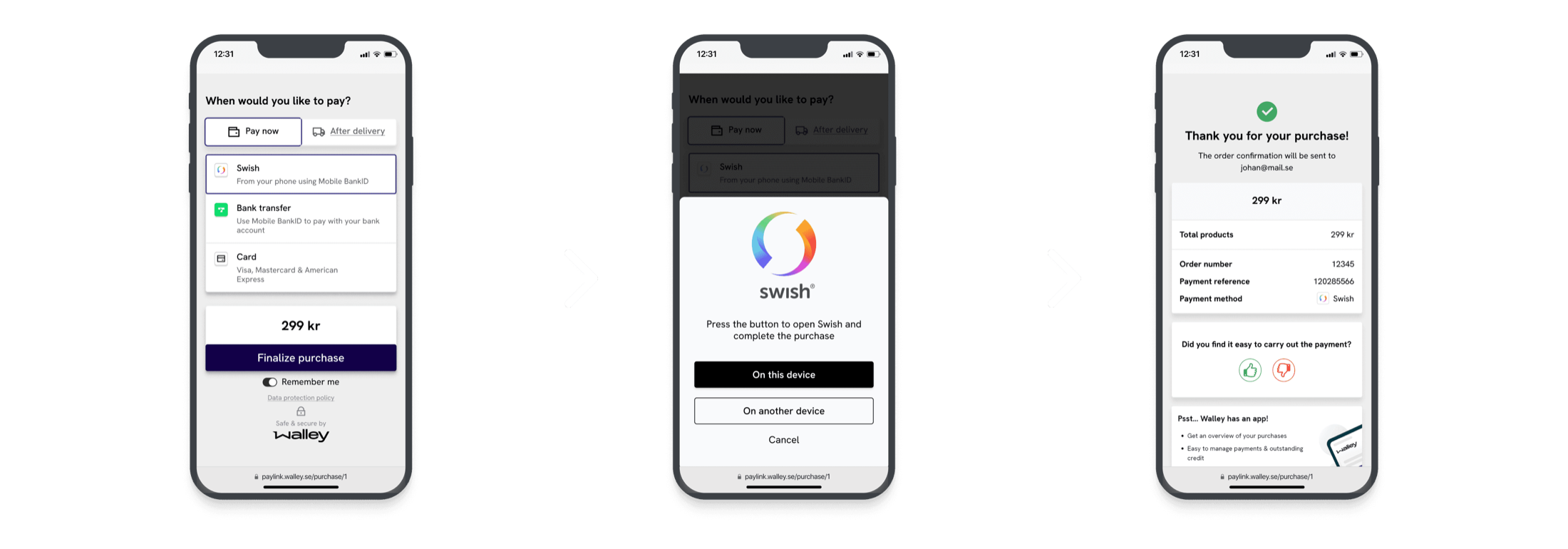 Three phone screens: choose Swish as payment method, open the Swish app on this or another device, and an order confirmation with a thumbs-up feedback prompt.