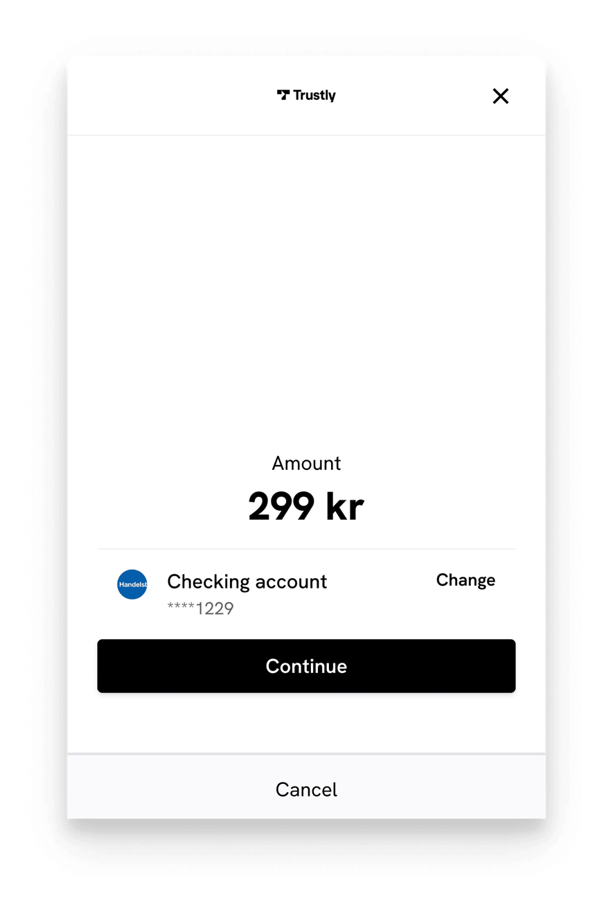 Trustly confirmation screen showing the amount 299 kr, the selected checking account, and a Continue button.
