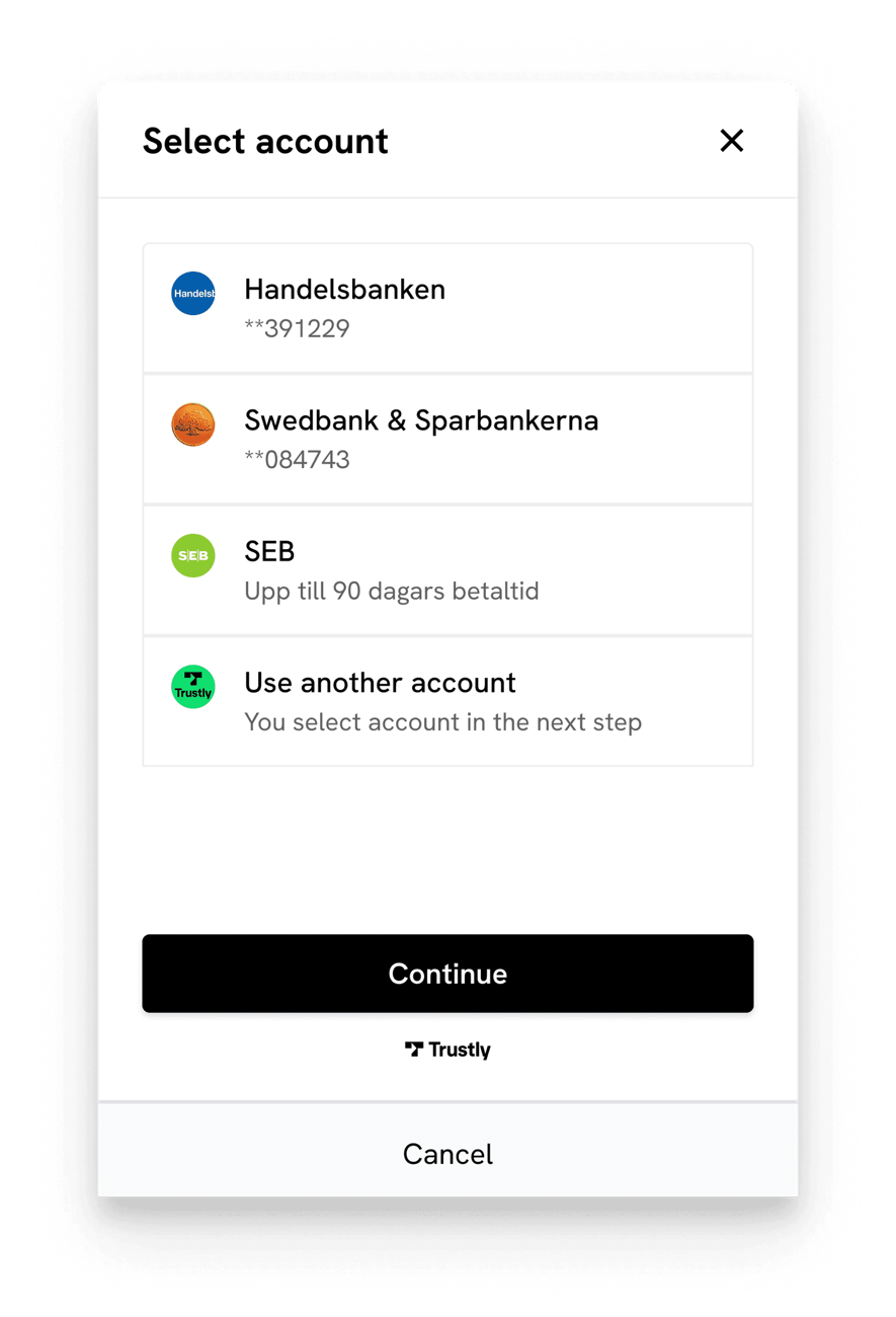 Trustly account selection screen listing Handelsbanken, Swedbank, SEB and 'use another account', with a Continue button.
